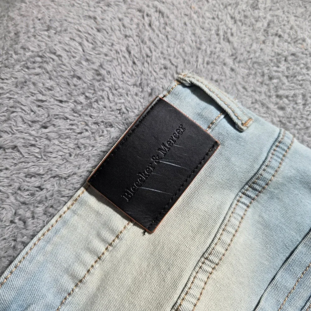 Bleecker & Mercer Mens 36x34 Slim Fit Jeans Light Blue Graphic Distressed Urban